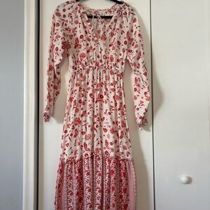 The Drop Grace Atwood Red White Floral Midi Dress XS Long Sleeve